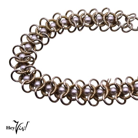 Vintage Chain Bracelet Interwoven w Pearl Beads Elegant Style 7" Long - Hey Viv - Picture 4 of 5